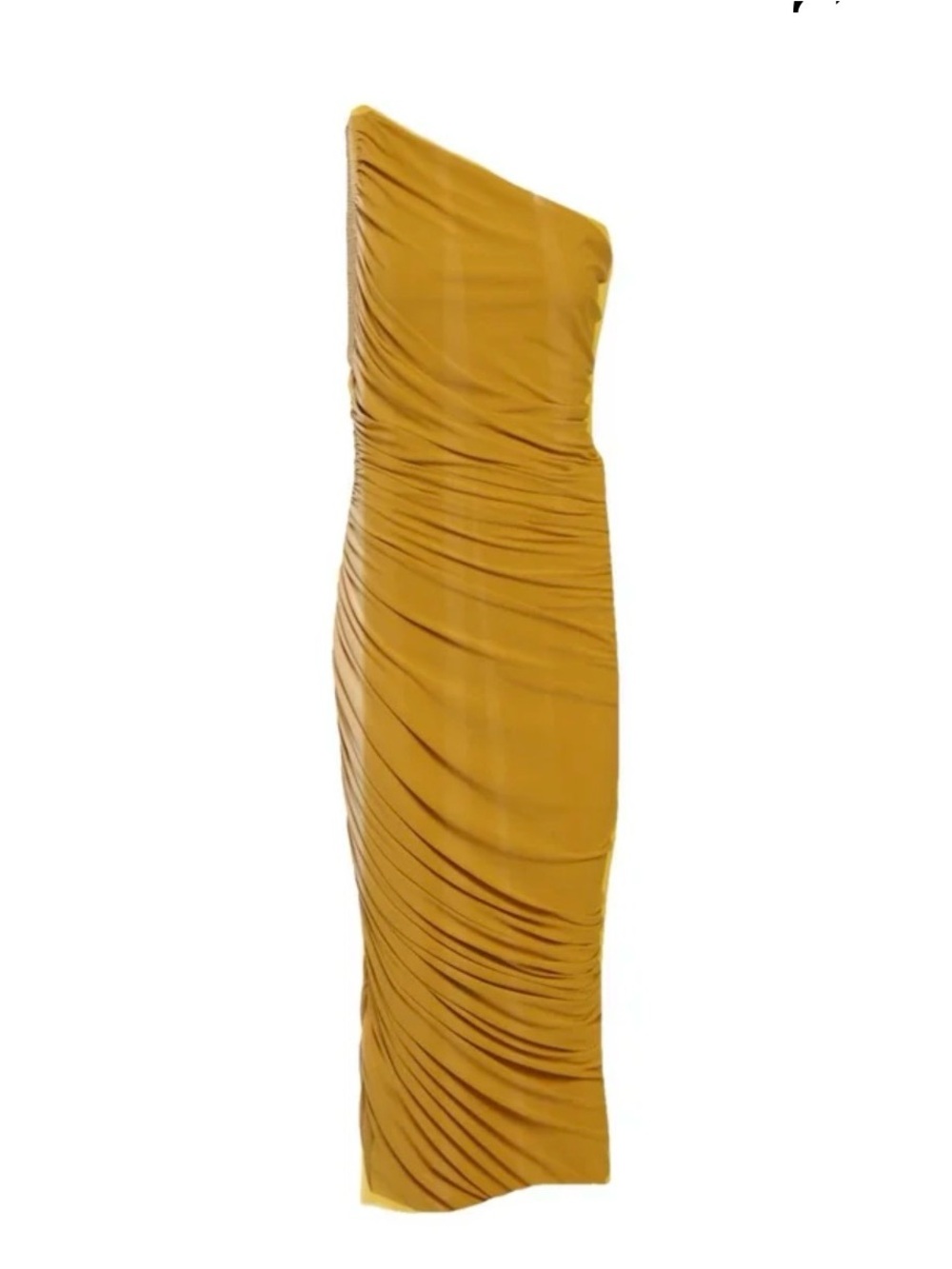Norma Kamali Shirrd One-Shoulder Tan Ruched Midi Dress